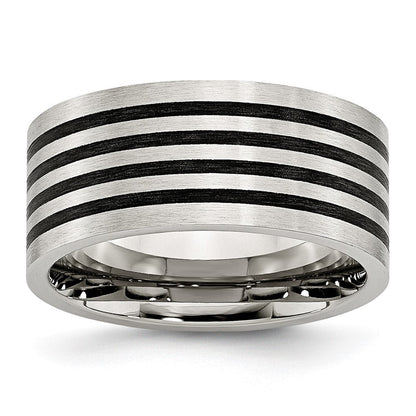 Edelstahl Gebürstet Schwarz Gummi Stripes 10mm Flach Ring
