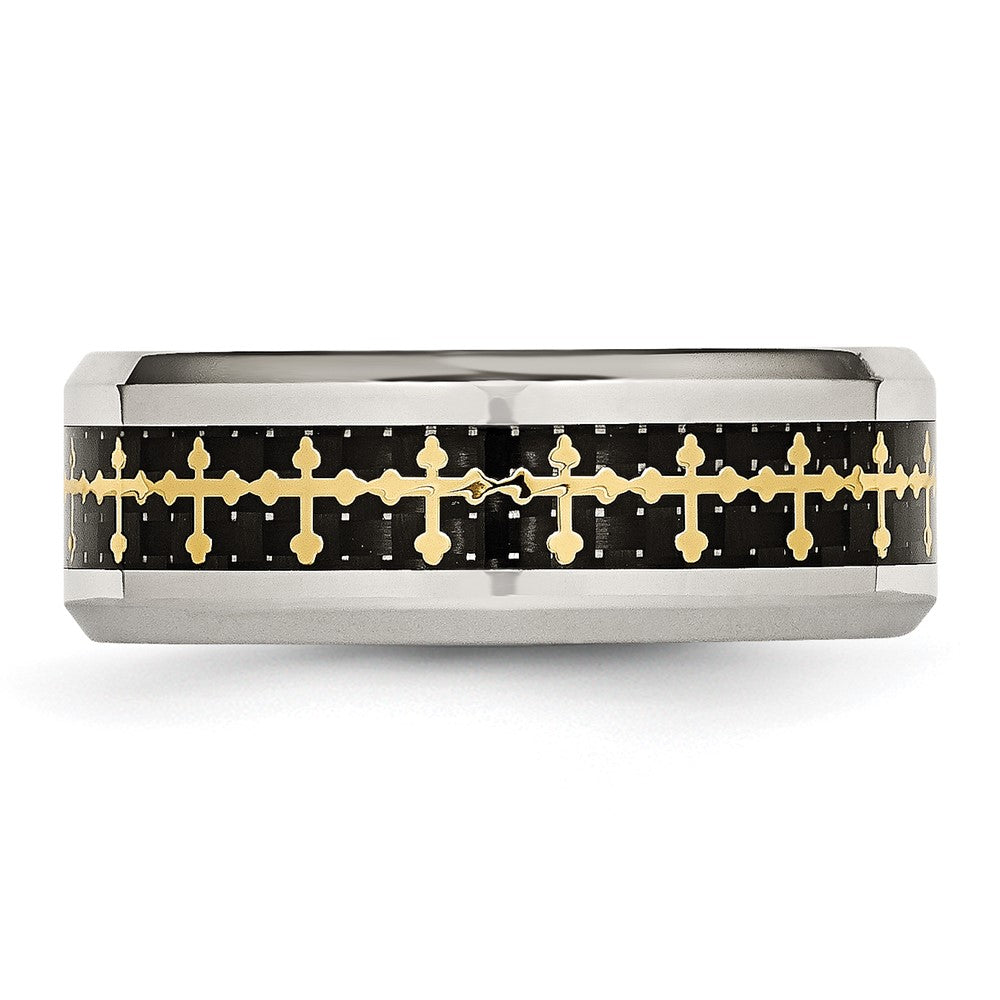 Edelstahl Poliert Gelb Ip Karbon Faser Einlage Kreuz 8mm Ring