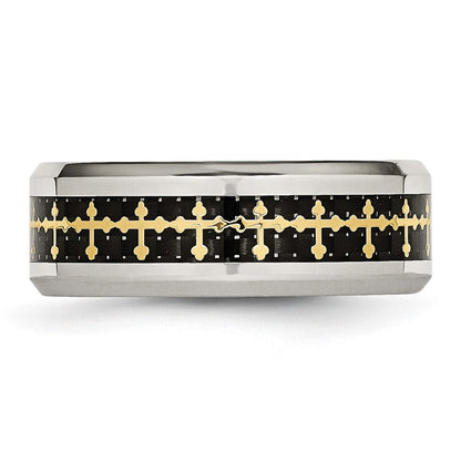 Edelstahl Poliert Gelb Ip Karbon Faser Einlage Kreuz 8mm Ring
