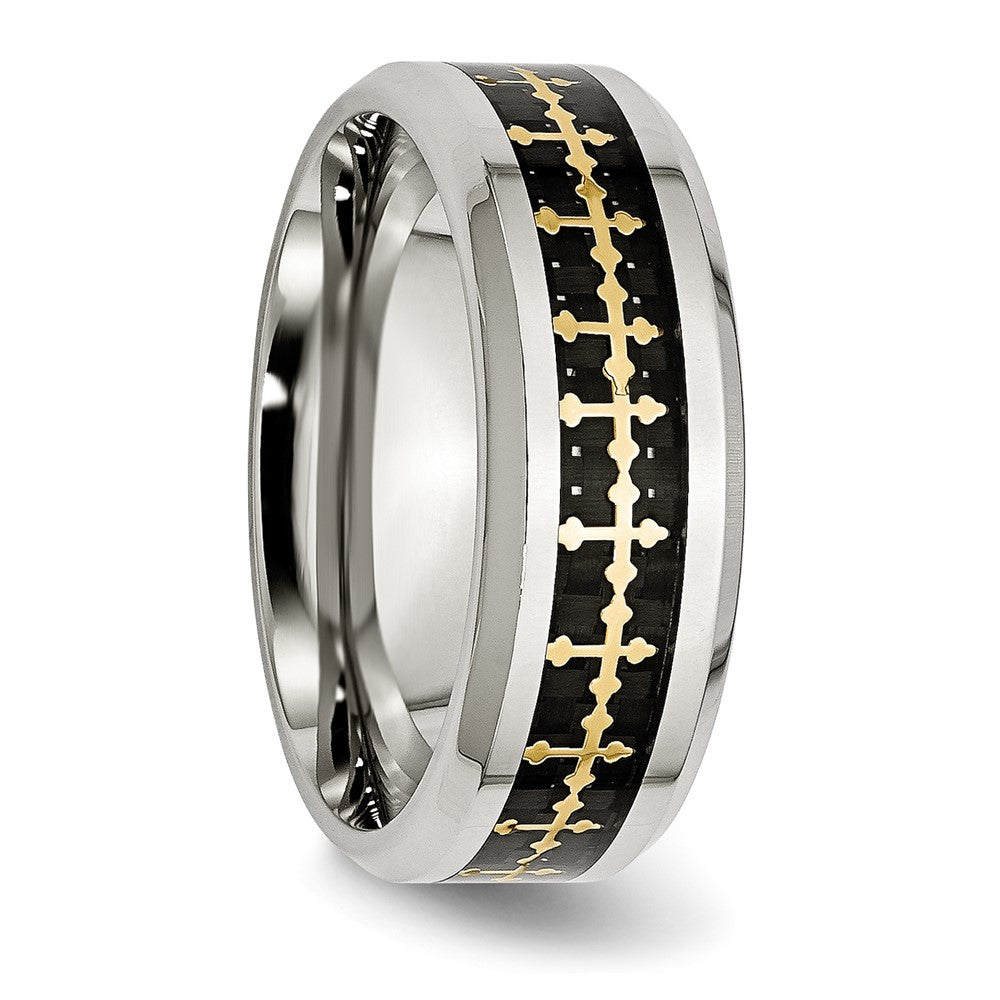 Edelstahl Poliert Gelb Ip Karbon Faser Einlage Kreuz 8mm Ring
