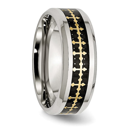Edelstahl Poliert Gelb Ip Karbon Faser Einlage Kreuz 8mm Ring