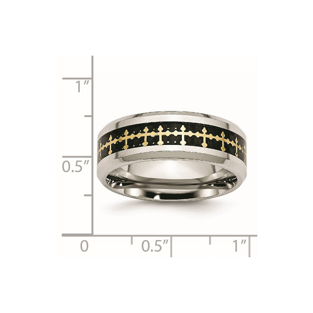 Edelstahl Poliert Gelb Ip Karbon Faser Einlage Kreuz 8mm Ring