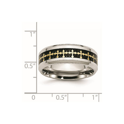 Edelstahl Poliert Gelb Ip Karbon Faser Einlage Kreuz 8mm Ring
