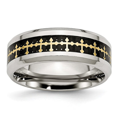 Edelstahl Poliert Gelb Ip Karbon Faser Einlage Kreuz 8mm Ring