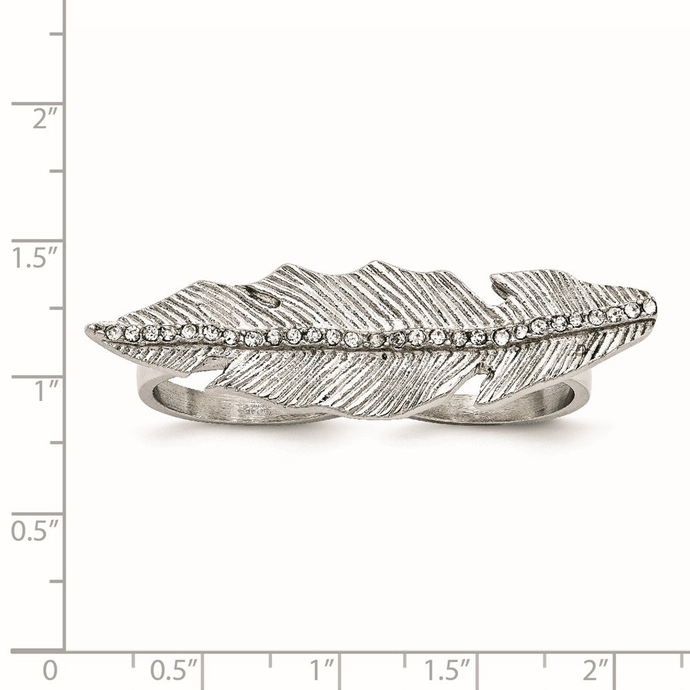 Edelstahl Poliert&antiqued Blatt Zwei Finger Kristall Ring