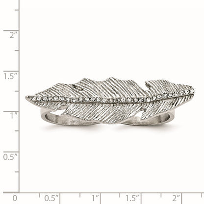 Edelstahl Poliert&antiqued Blatt Zwei Finger Kristall Ring