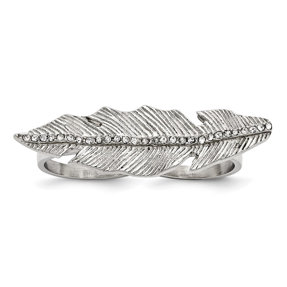 Edelstahl Poliert&antiqued Blatt Zwei Finger Kristall Ring