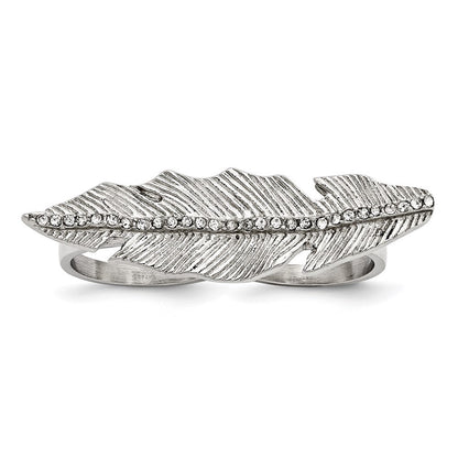 Edelstahl Poliert&antiqued Blatt Zwei Finger Kristall Ring