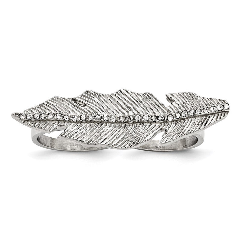 Edelstahl Poliert&antiqued Blatt Zwei Finger Kristall Ring