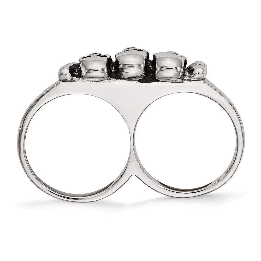 Edelstahl Poliert & Antikisiert Zwei Finger Skulls Ring
