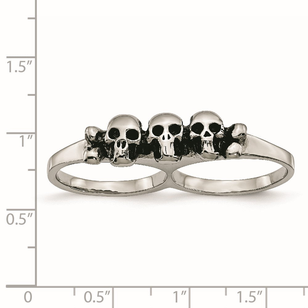 Edelstahl Poliert & Antikisiert Zwei Finger Skulls Ring
