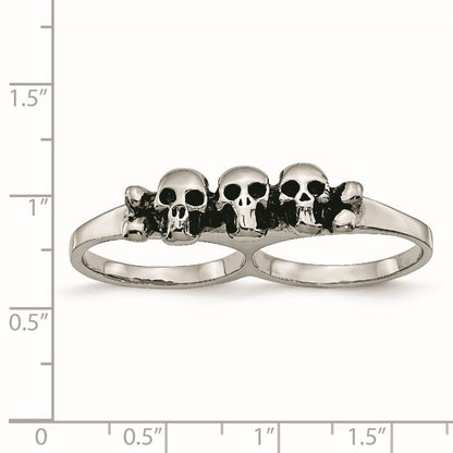 Edelstahl Poliert & Antikisiert Zwei Finger Skulls Ring