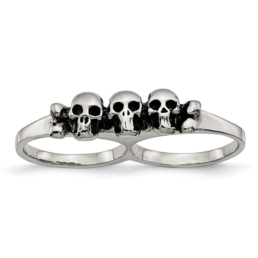 Edelstahl Poliert & Antikisiert Zwei Finger Skulls Ring