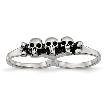 Edelstahl Poliert & Antikisiert Zwei Finger Skulls Ring