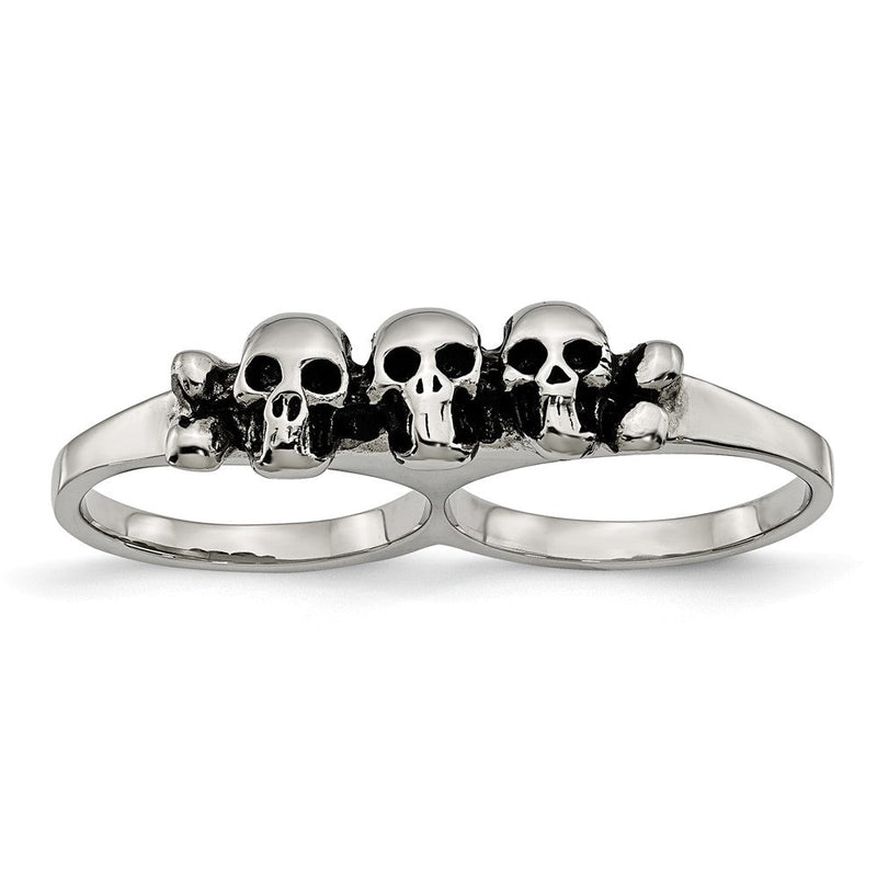 Edelstahl Poliert & Antikisiert Zwei Finger Skulls Ring