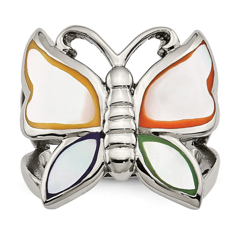 Edelstahl Poliert und Emailliert Muschel Schmetterling Ring (size 9 Nur)