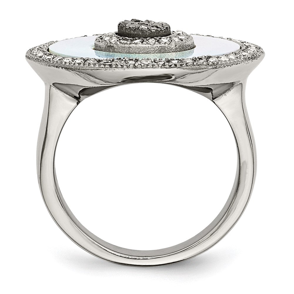 Edelstahl Poliert Perlmutt/druzy Quarz und Kristall Ring