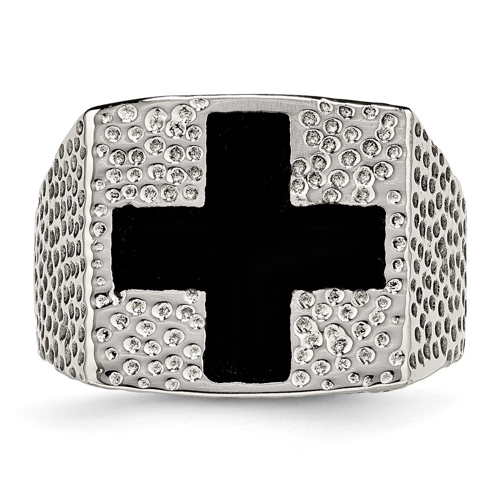 Edelstahl Strukturiert Schwarz Emailliert Kreuz Ring