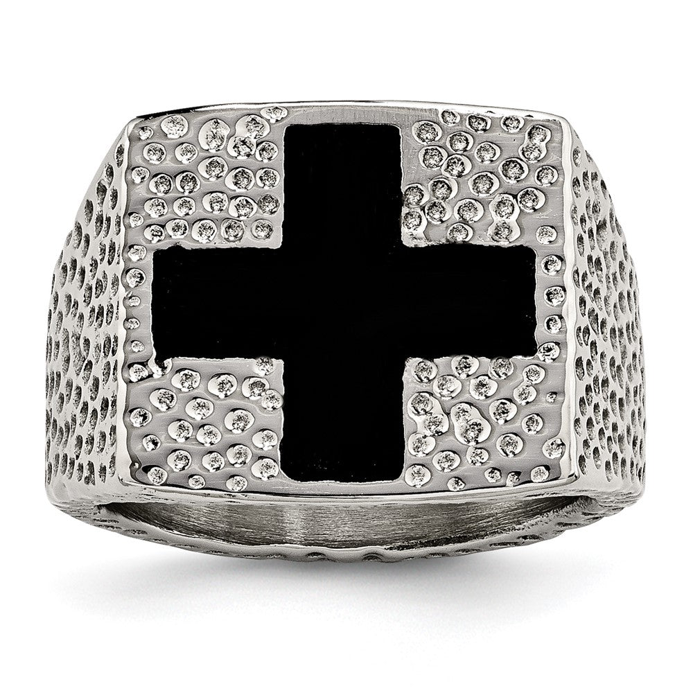Edelstahl Strukturiert Schwarz Emailliert Kreuz Ring