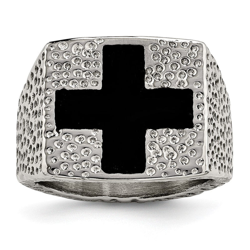 Edelstahl Strukturiert Schwarz Emailliert Kreuz Ring