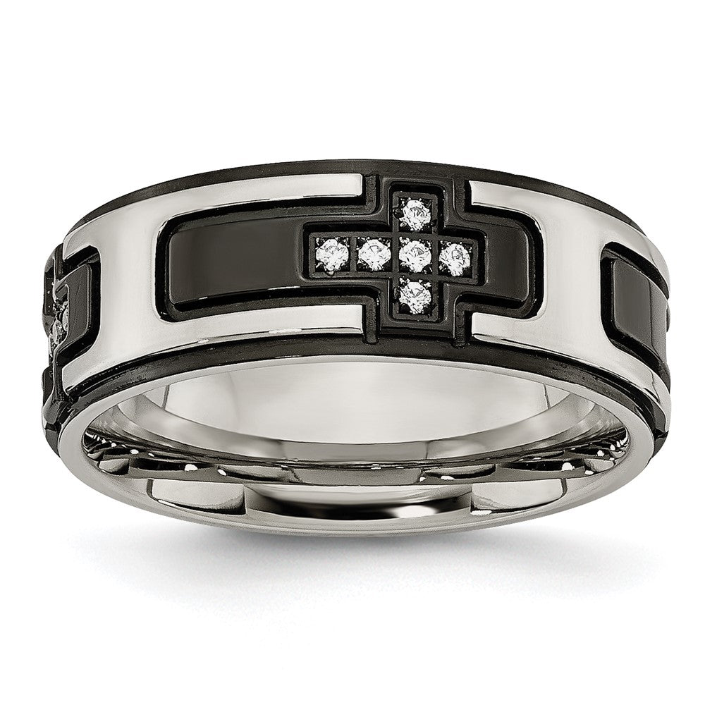 Edelstahl Poliert Schwarz Ip Beschichtet mit Zirkonia Kreuz 8mm Ring