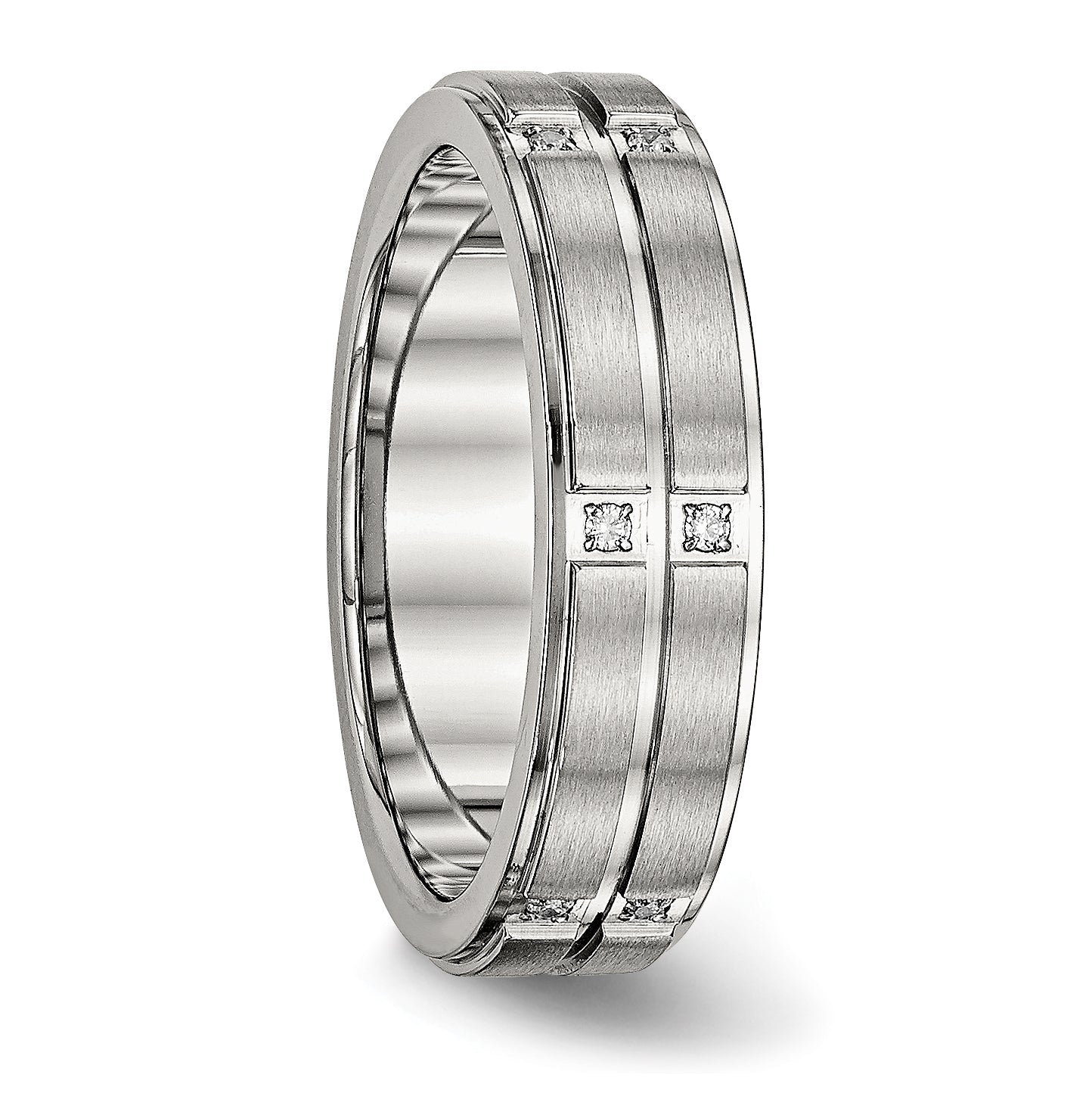 Edelstahl Poliert/brushed Mittig Zirkonia Gerillt 6mm Ridged Kante Ring