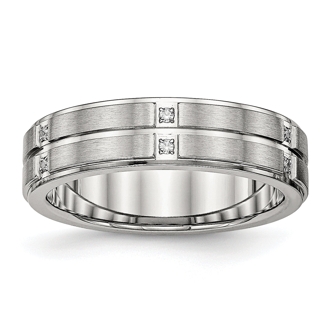 Edelstahl Poliert/brushed Mittig Zirkonia Gerillt 6mm Ridged Kante Ring