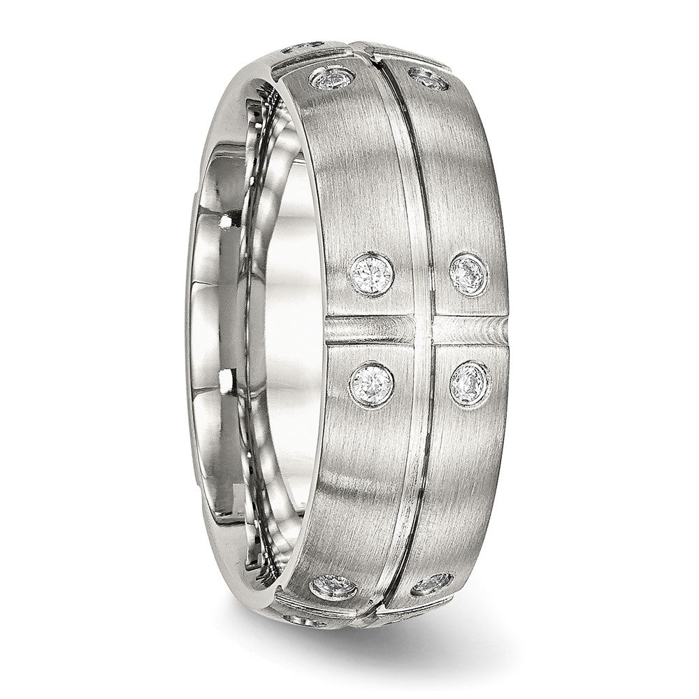Edelstahl Gebürstet und Gerillt Zirkonia 8mm Halb Rund Ring
