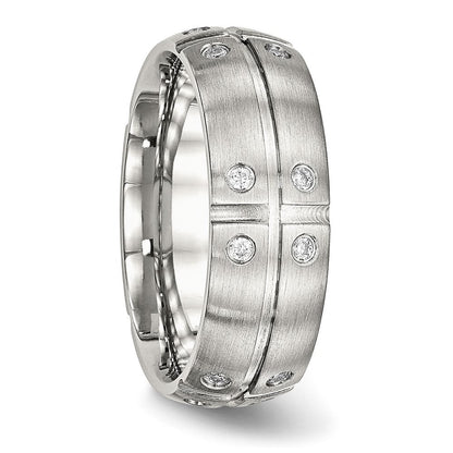 Edelstahl Gebürstet und Gerillt Zirkonia 8mm Halb Rund Ring