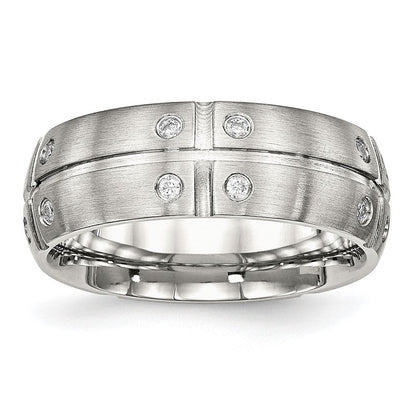 Edelstahl Gebürstet und Gerillt Zirkonia 8mm Halb Rund Ring