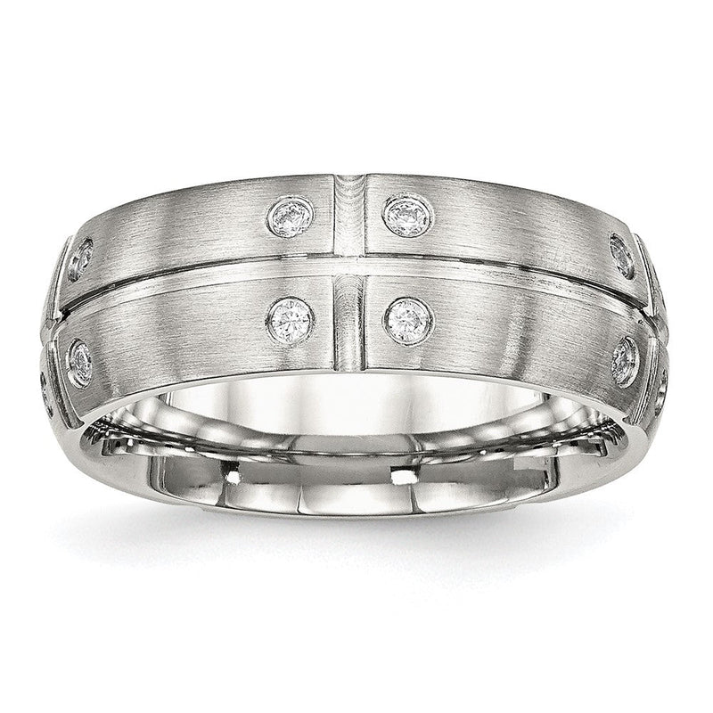 Edelstahl Gebürstet und Gerillt Zirkonia 8mm Halb Rund Ring