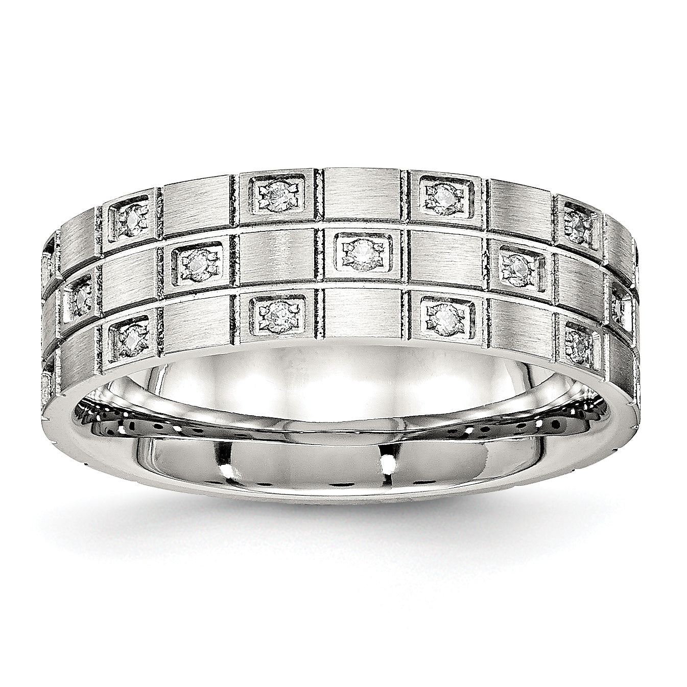 Edelstahl Gebürstet Zirkonia 7mm Gerillt Ring