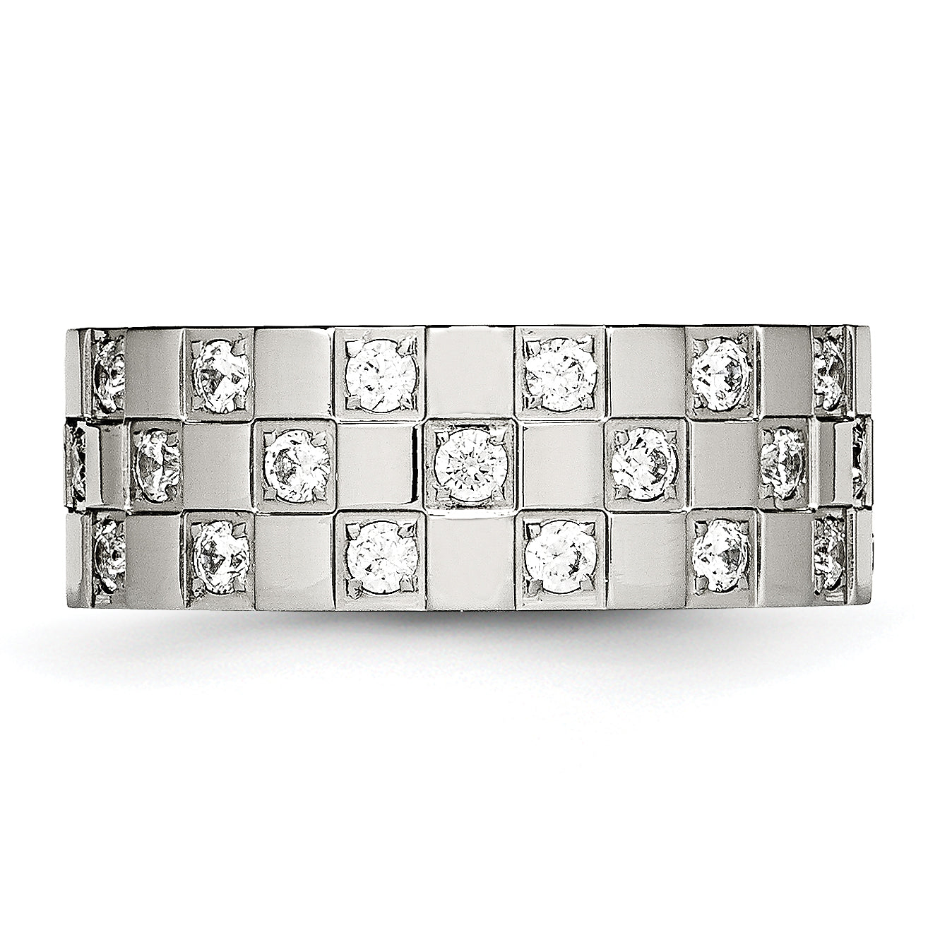 Edelstahl Poliert Zirkonia Checkered 8mm Flach Ring