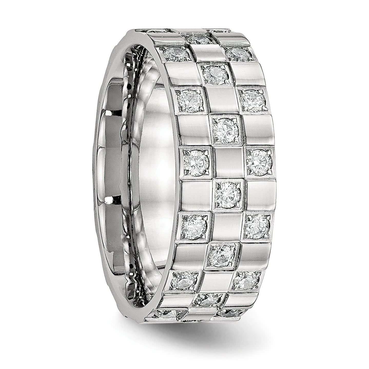 Edelstahl Poliert Zirkonia Checkered 8mm Flach Ring