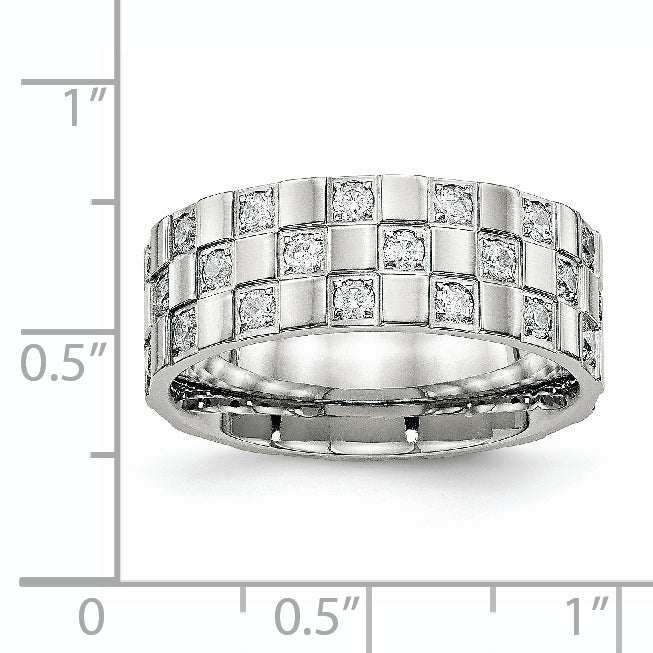 Edelstahl Poliert Zirkonia Checkered 8mm Flach Ring
