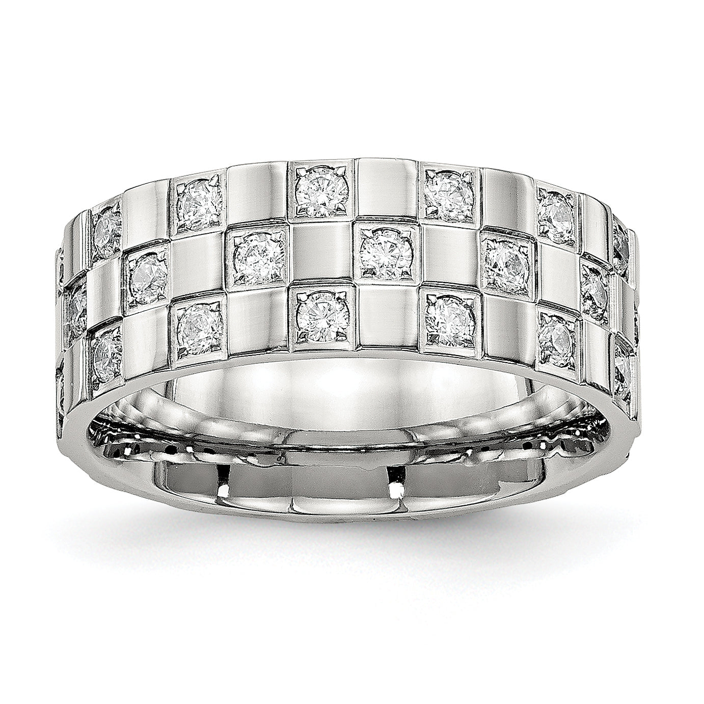 Edelstahl Poliert Zirkonia Checkered 8mm Flach Ring