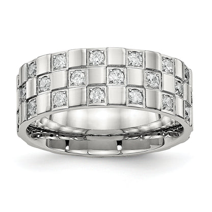 Edelstahl Poliert Zirkonia Checkered 8mm Flach Ring