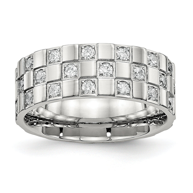 Edelstahl Poliert Zirkonia Checkered 8mm Flach Ring