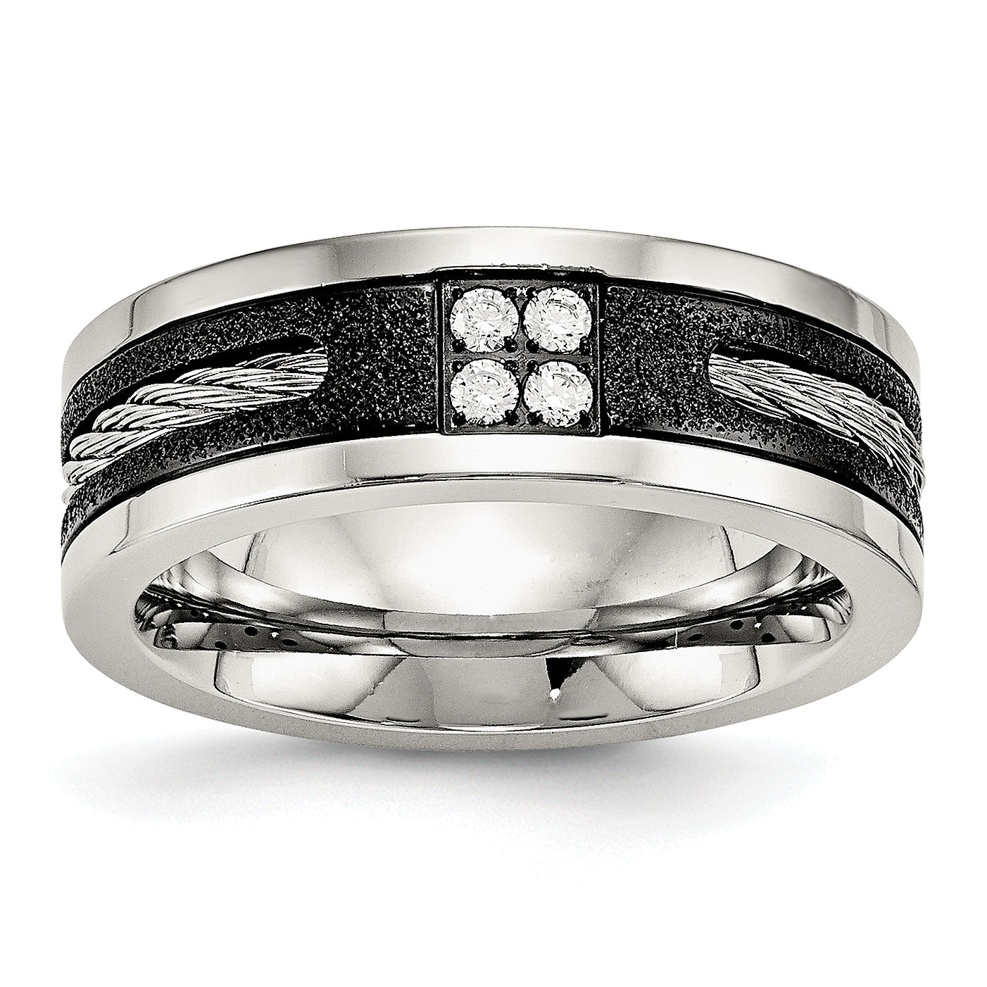 Edelstahl Poliert Schwarz Ip Lasergeschnitten Ankerkette Einlage & Zirkonia 8mm Ring