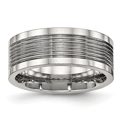 Edelstahl Poliert Gerillt 8mm Komfort-Passform Ring
