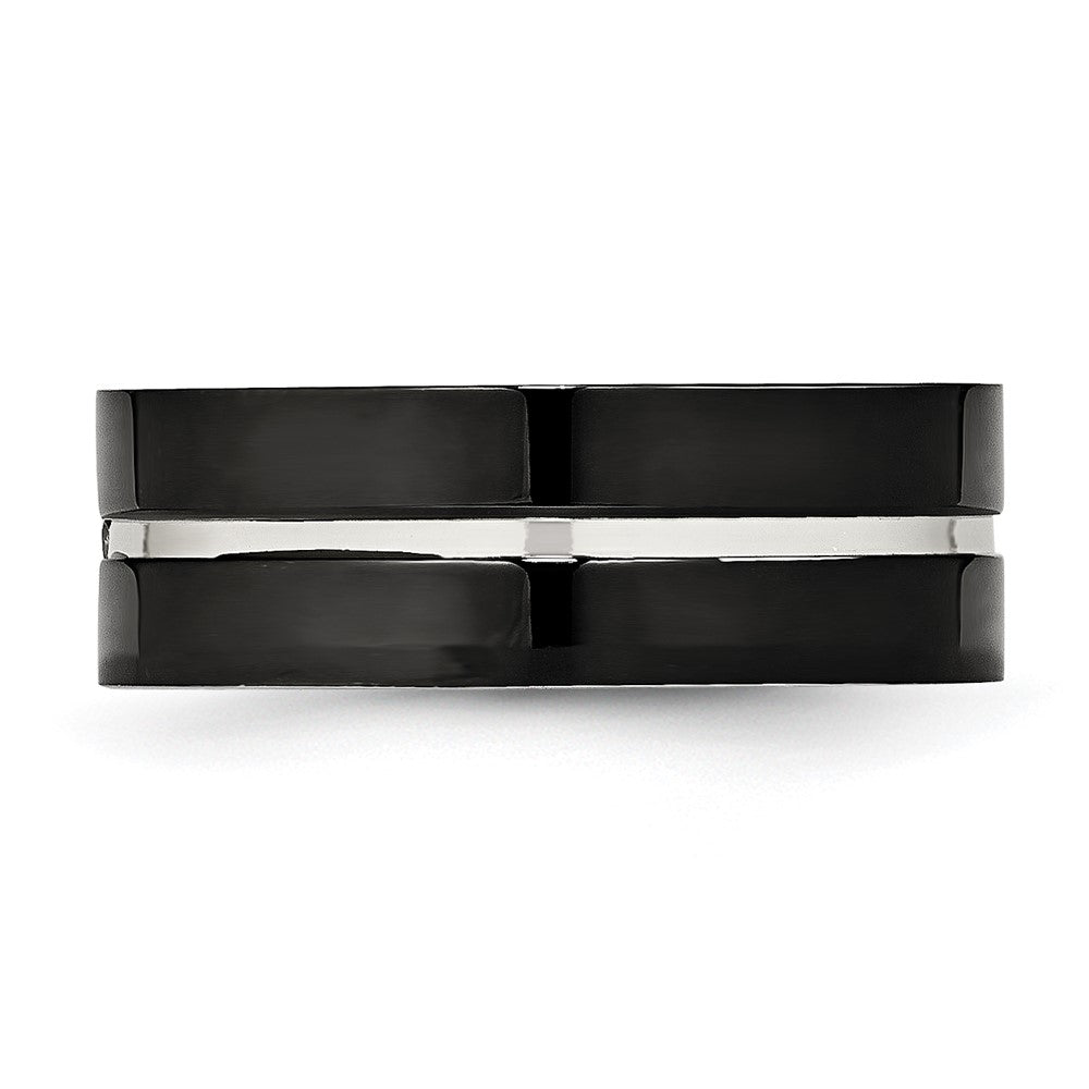 Edelstahl Poliert Schwarz Ip Beschichtet Zirkonia Gerillt 8mm Komfort-Passform Ring