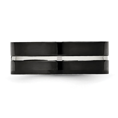 Edelstahl Poliert Schwarz Ip Beschichtet Zirkonia Gerillt 8mm Komfort-Passform Ring