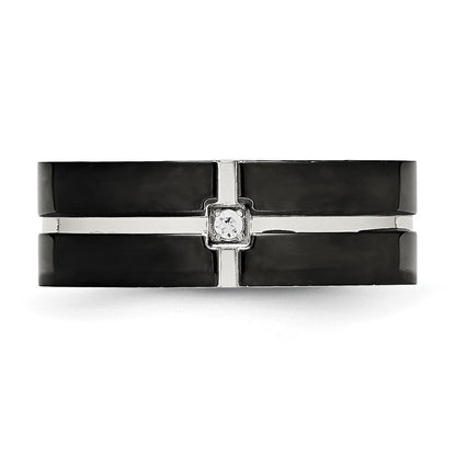 Edelstahl Poliert Schwarz Ip Beschichtet Zirkonia Gerillt 8mm Komfort-Passform Ring
