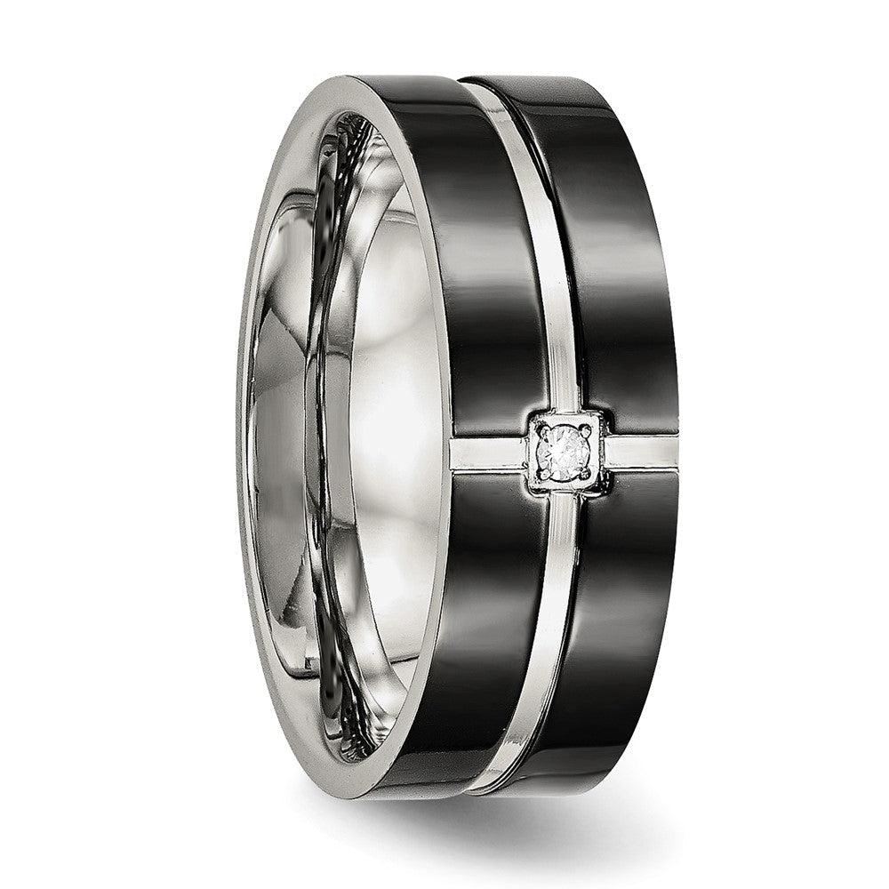 Edelstahl Poliert Schwarz Ip Beschichtet Zirkonia Gerillt 8mm Komfort-Passform Ring