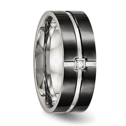 Edelstahl Poliert Schwarz Ip Beschichtet Zirkonia Gerillt 8mm Komfort-Passform Ring
