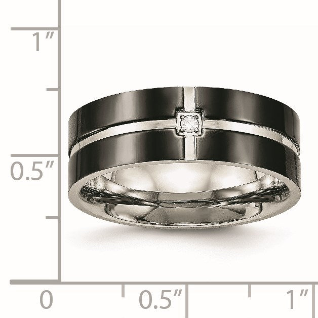 Edelstahl Poliert Schwarz Ip Beschichtet Zirkonia Gerillt 8mm Komfort-Passform Ring