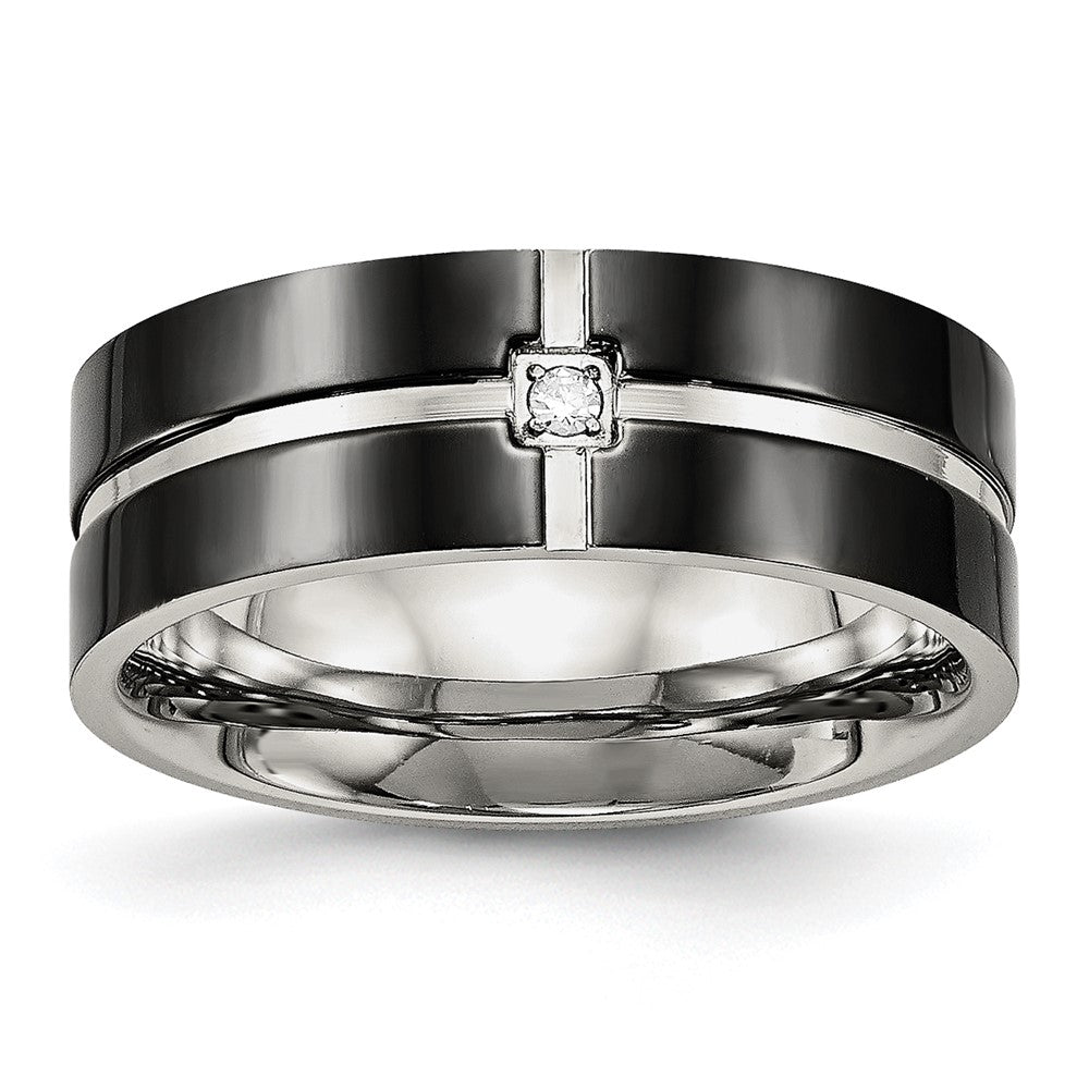 Edelstahl Poliert Schwarz Ip Beschichtet Zirkonia Gerillt 8mm Komfort-Passform Ring