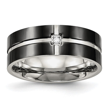 Edelstahl Poliert Schwarz Ip Beschichtet Zirkonia Gerillt 8mm Komfort-Passform Ring