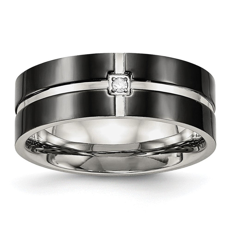 Edelstahl Poliert Schwarz Ip Beschichtet Zirkonia Gerillt 8mm Komfort-Passform Ring