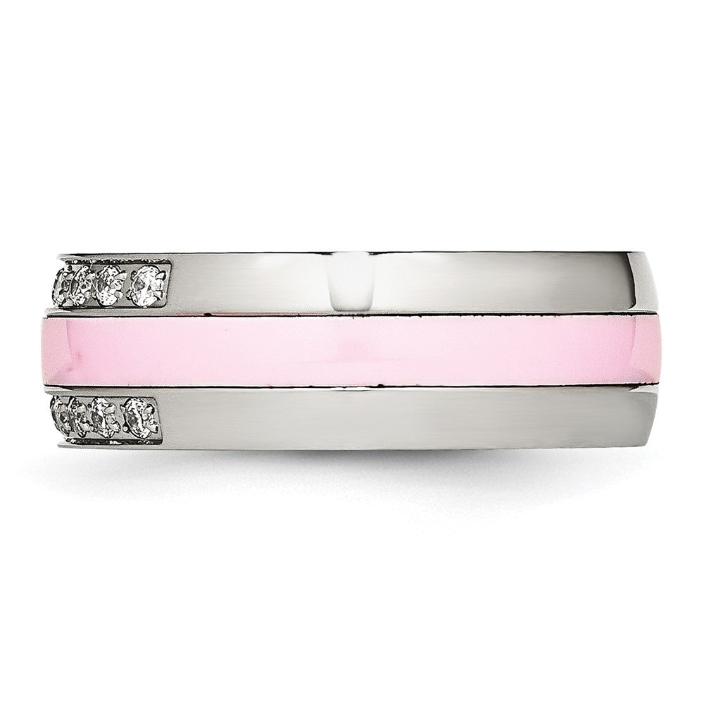Edelstahl Poliert Rosa Keramik Zirkonia Ring